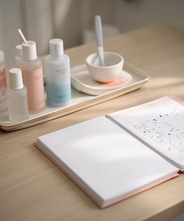 Detalle de una mesa de consulta con productos de cuidado facial y cuaderno de seguimiento