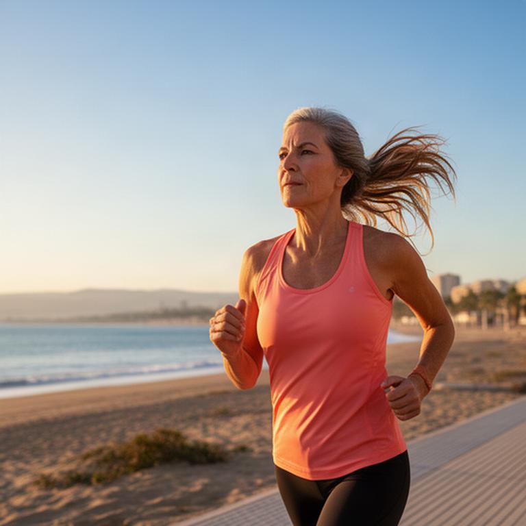 Mujer deportista corriendo junto a la playa de Gandia al amanecer con la piel protegida del sol