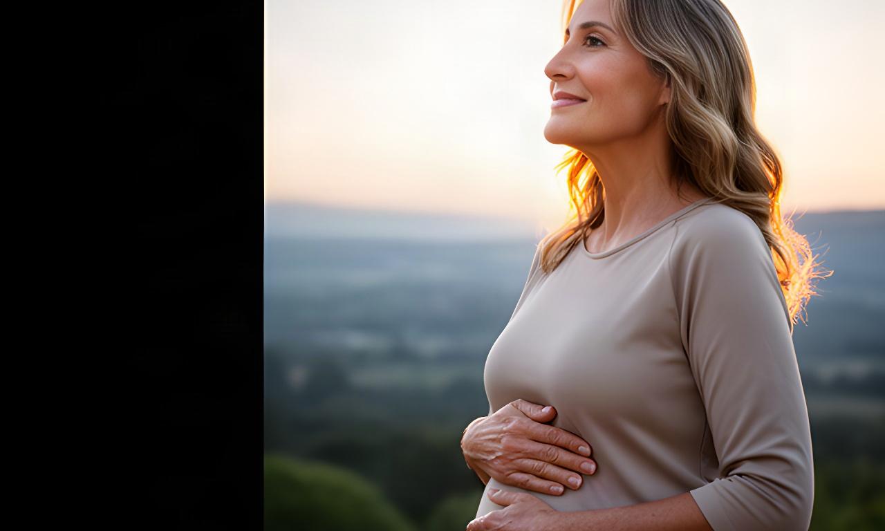 Mujer de más de 40 años al aire libre al amanecer, con una mano sobre el vientre y el rostro luminoso