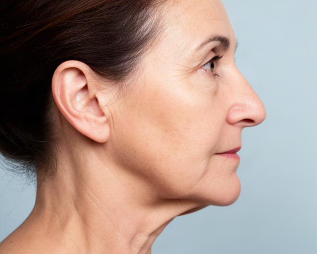 Perfil de mujer adulta con flacidez visible en óvalo facial y cuello antes del programa
