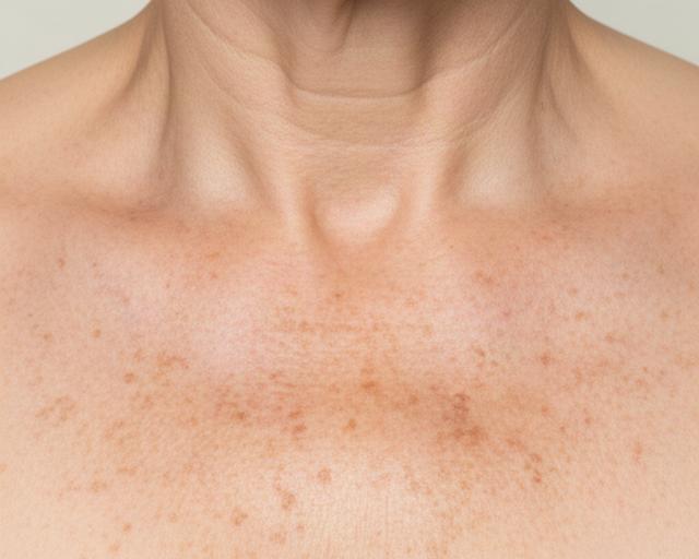 Piel de mujer adulta con manchas de fotoenvejecimiento en el escote antes del programa
