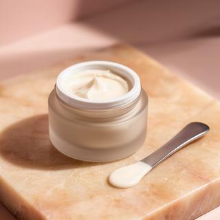 Tarro de crema con péptidos y ceramidas junto a una espátula sobre mármol cálido