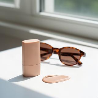 Protector solar mineral de factor 50 con pigmento sobre una mesa junto a unas gafas