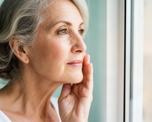 Mujer de 52 años de Gandia observando una piel más luminosa frente a una ventana suave