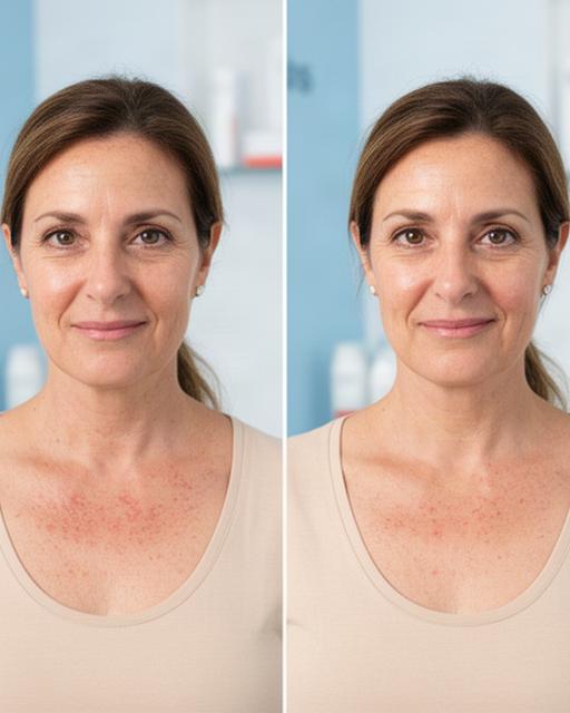 Loreniitah en Gandia con piel del escote antes y después del trabajo sobre manchas