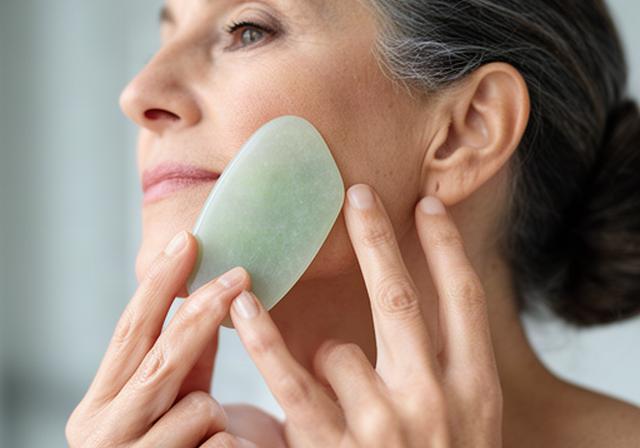 Mujer de más de 40 años realizando un masaje de óvalo facial con gua sha