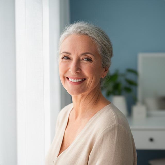Mujer madura sonriendo junto a una ventana después de aplicar su rutina facial